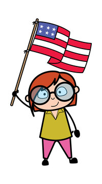 Cartoon Teacher holding Flag of USA