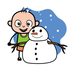 Cartoon Bald Boy with snowman