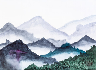 view of overgrown mountains in morning hand painted by watercolour paints on white textured paper - 366590279