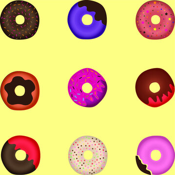 A selection of multicolored images of donuts