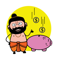 Cartoon Pandit saving money in piggy bank