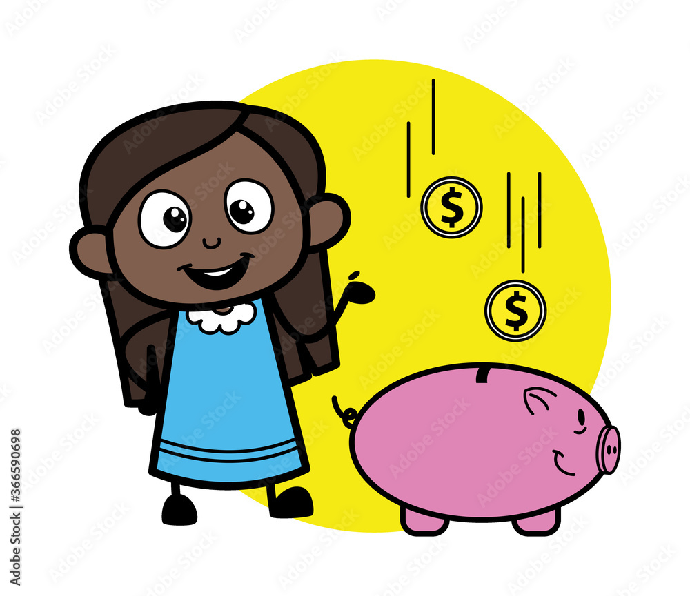 Poster Cartoon Black Girl saving money in piggy bank