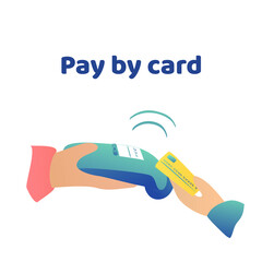 Pay for purchases with a bank card. Fresh design of payment for goods by contactless card. Hand with a blue terminal.