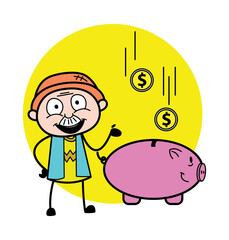 Cartoon Grandpa saving money in piggy bank