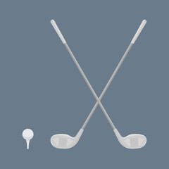 Two crossed Golf clubs, a ball and a Golf stand on a navy background.Sports equipment for golfing. Raster flat illustration