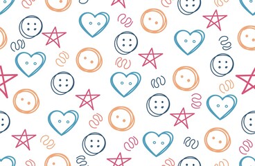 Buttons and stars, baby pattern, hand drawn, cute seamless pattern