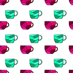 Seamless crockery vector pattern on white background. Hand drawn utensil. Perfect for wallpaper or fabric. Pink and blue tea cups. Tea party
