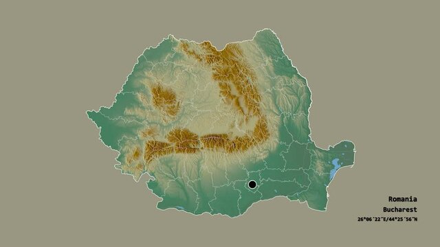 Ilfov, county of Romania, with its capital, localized, outlined and zoomed with informative overlays on a relief map in the Stereographic projection. Animation 3D
