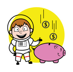 Cartoon Astronaut saving money in piggy bank