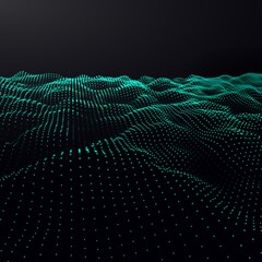 Abstract digital landscape with flowing particles and upper light. Cyber or technology background.Vector illustration.