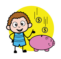 Cartoon Kid saving money in piggy bank