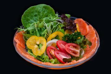 Vegetable salad with salmon slice.