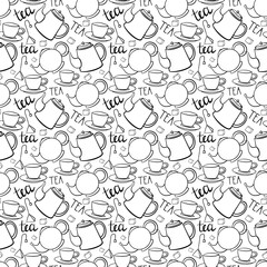 Seamless crockery vector pattern on white background. Hand drawn utensil in inky style. Perfect for wallpaper or fabric. Black and white illustration. Hand written phrase. Tea party.