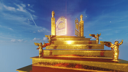 Golden Angels on stairs towards the Gates of Heaven against blue sky