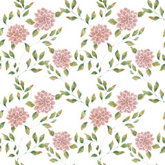 Seamless watercolor pattern with pink large flowers on a white background. Big lush Aster flower. Print for fabrics, t-shirts. weddings, holidays.