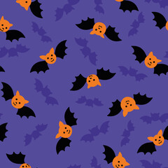 Fototapeta na wymiar Little bats seamless vector halloween pattern on purple. Fun childish surface print design for seasonal festive fabrics, stationery, and packaging.