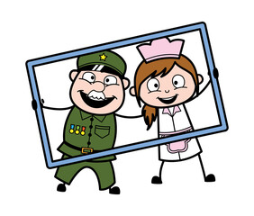 Cartoon Military Man in frame with waitress