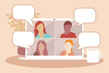 Video call conference or meeting people talking about the news and global events. Stream friends. Chatting from home. Vector flat illustration.