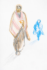 Fototapeta premium sketch of walking muslim woman in shawl hand-drawn by color pencils on white paper