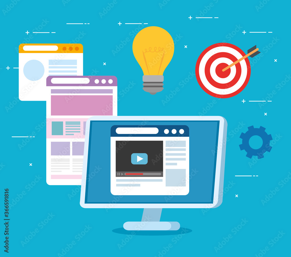 Poster business start up concept, banner, business object startup process, computer with web page and busin