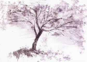 old tree hand drawn by watercolour paint on white textured paper without brushes (using plastic card, etc)