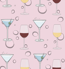 Cute seamless vector pattern. Cocktail and wine glasses on a pink background with bubbles floating up behind.