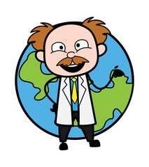 Cartoon Scientist with planet earth