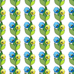 Seamless floral print, vertical blue and yellow tulips borders. Bouquets of two flowers with green leaves, white background. Fashionable decoration of any of your bold advertising projects.