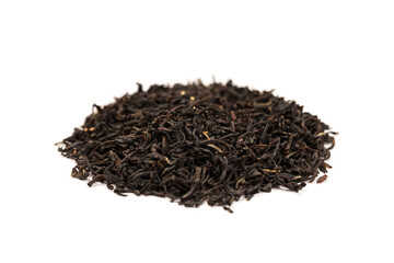 Leaves of black premium dry tea on a white background