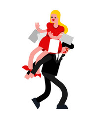 Man carry woman with shopping bags. vector illustration