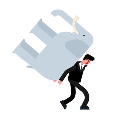 Man carries elephant. Hard life concept. Tired of paying off debt.