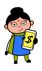 Cartoon Indian Lady Showing Money in Cell Phone