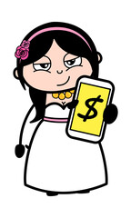 Cartoon Bride Showing Money in Cell Phone