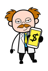 Cartoon Scientist Showing Money in Cell Phone