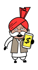 Cartoon Haryanvi Old Man Showing Money in Cell Phone