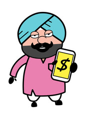 Cartoon Cute Sardar Showing Money in Cell Phone