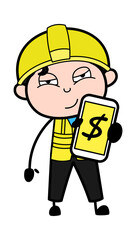 Cartoon Engineer Showing Money in Cell Phone