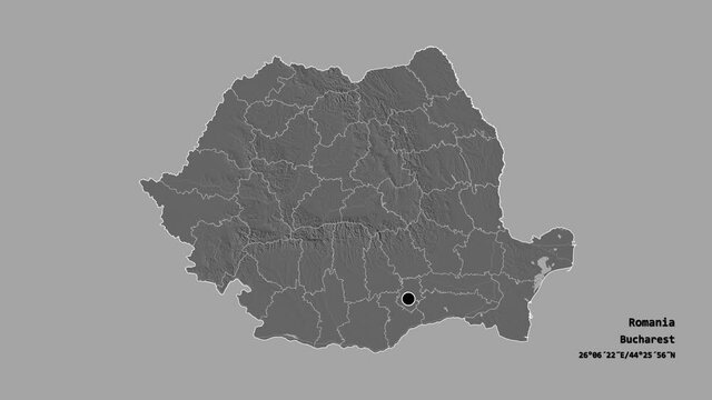 Neamț, county of Romania, with its capital, localized, outlined and zoomed with informative overlays on a bilevel map in the Stereographic projection. Animation 3D