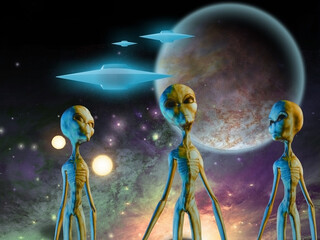 Aliens and spacecrafts. 3D rendering © rolffimages