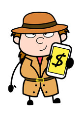 Cartoon Investigator Showing Money in Cell Phone
