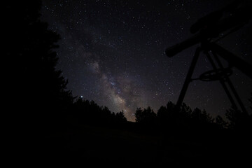 Astronomy telescope silhoutte on Night sky, stars and milky way