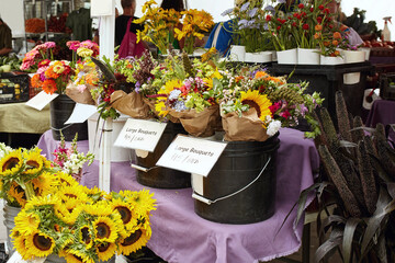 Bouquets of fresh cut flowers on display at a farmers market in Boulder, Colorado.  USA