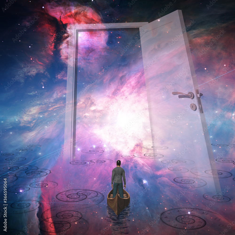 Poster surreal art. man in boat floating in space. traveller in space. 3d rendering