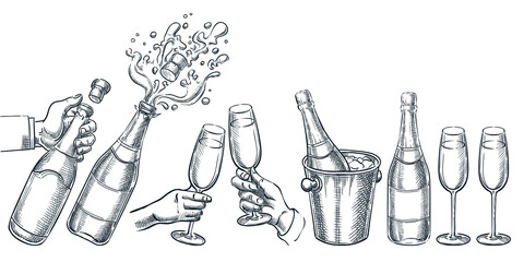 Champagne vector hand drawn sketch illustration. Human hand holding explosion champagne bottle and drinking glass - 366595434