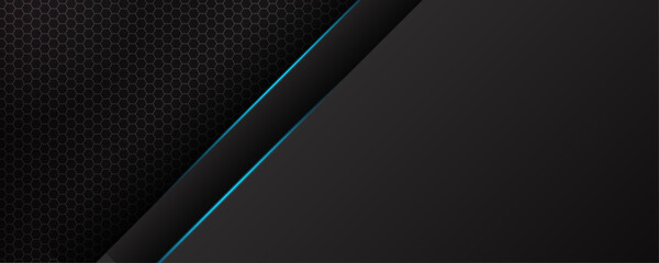 Abstract black metal background with blue light for wide banner
