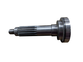 Transmission shaft of the tractor on isolated white background. New spare parts.