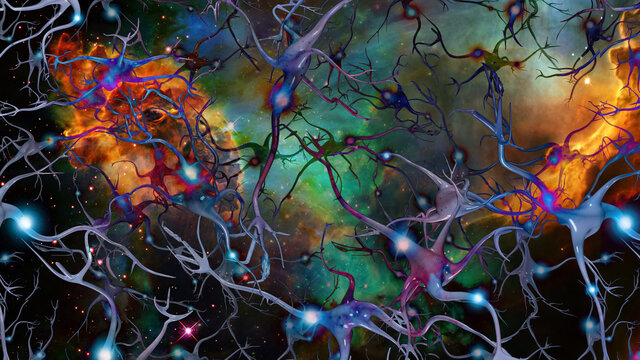 Brain Cells and Deep Space. Eternal Mind. 3D rendering