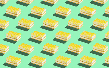 Trendy seamless food pattern - layered sponge cakes on a pastel background, minimal food isometric concept texture.