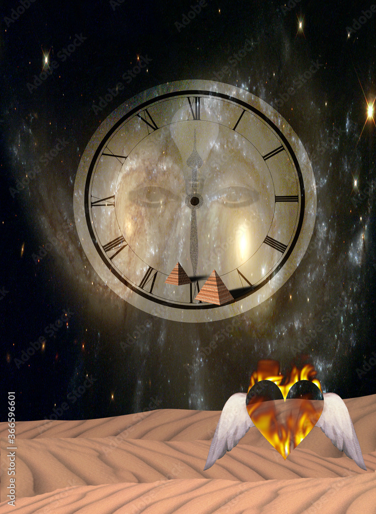 Poster sands of eternity. surreal scene with burning heart and clockface. 3d rendering