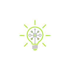 Green bulb with system chip and rays flat icon. Isolated on white.